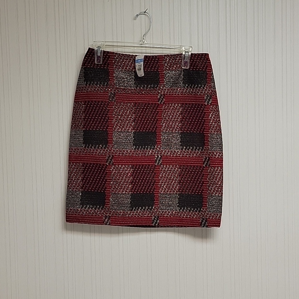J Mclaughlin red plaid metallic pencil skirt sz 4, new office business church